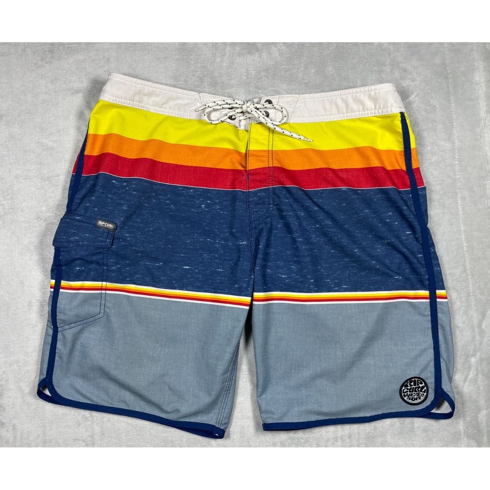 Rip Curl Board Shorts Men 36 Multicolor Striped Surf Swim Trunks Rainbow Retro